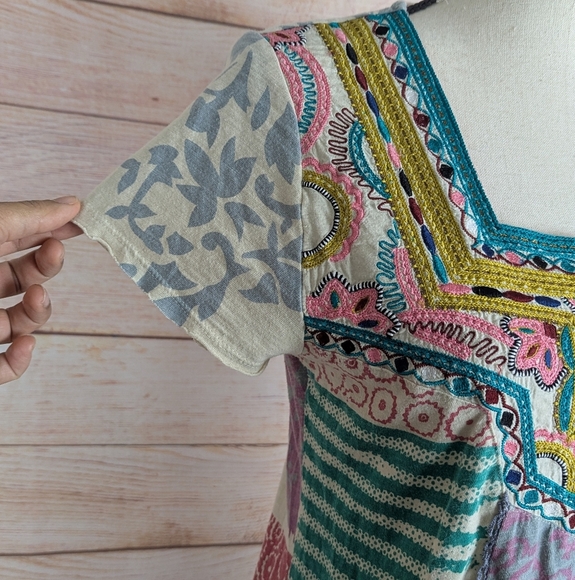 SUNDANCE Size XS Embroidered Bohemian Blouse Oversized Saphan Patchwork Cotton - Picture 4 of 11